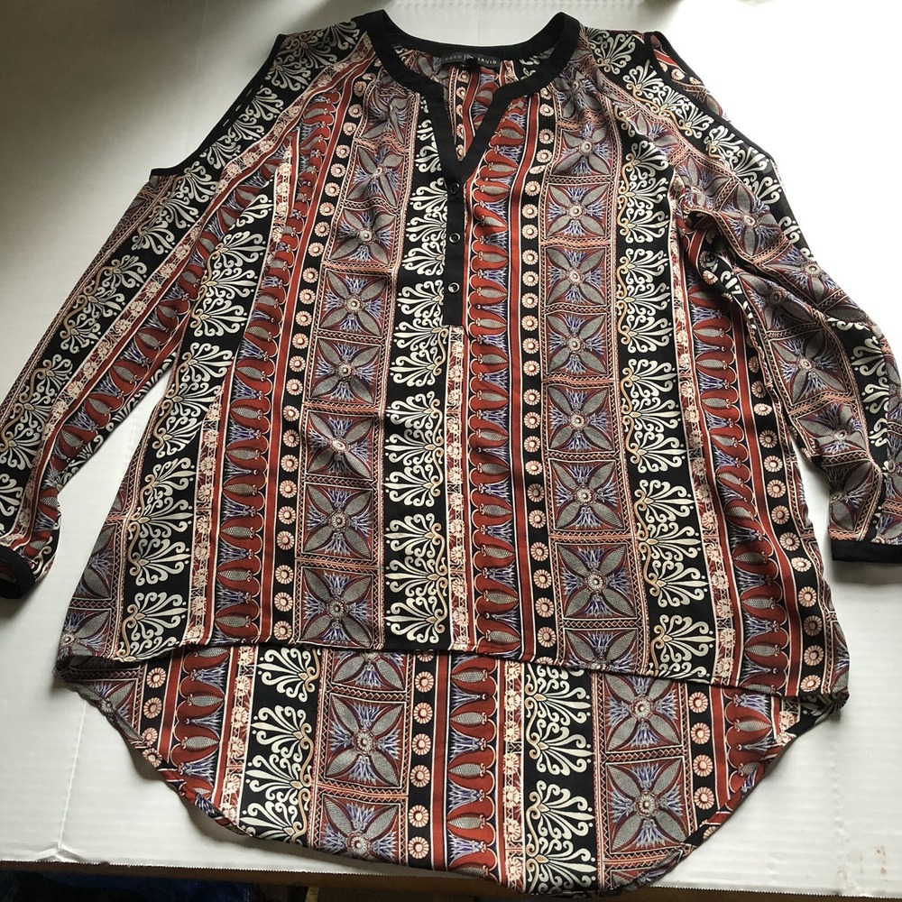 Fred David Orange Blue Hi Lo Cold Should Blouse Sz XL A2218